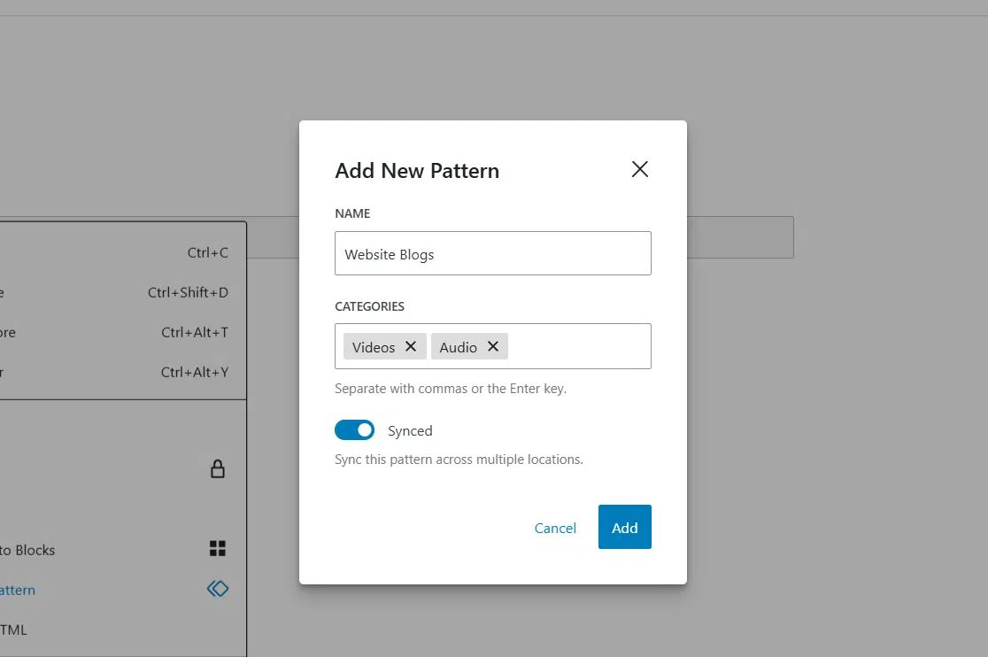 Add New Pattern in Gutenberg Reusable Blocks