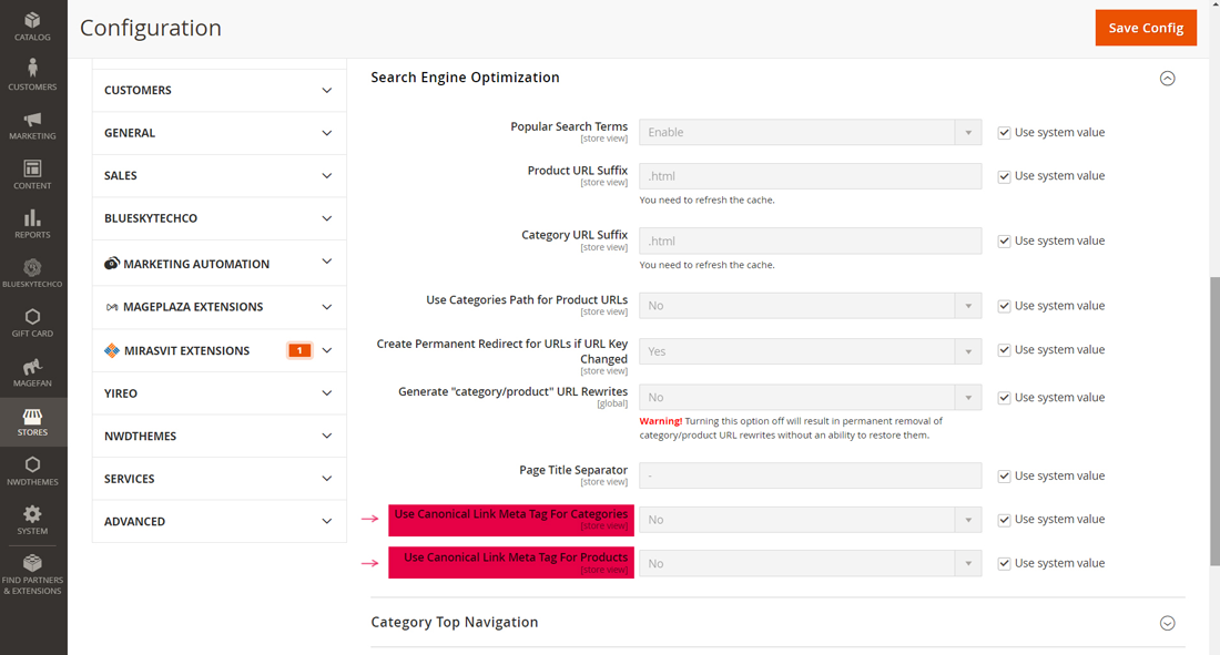 Magento dashboard showcasing search engine optimization set up for canonical tags