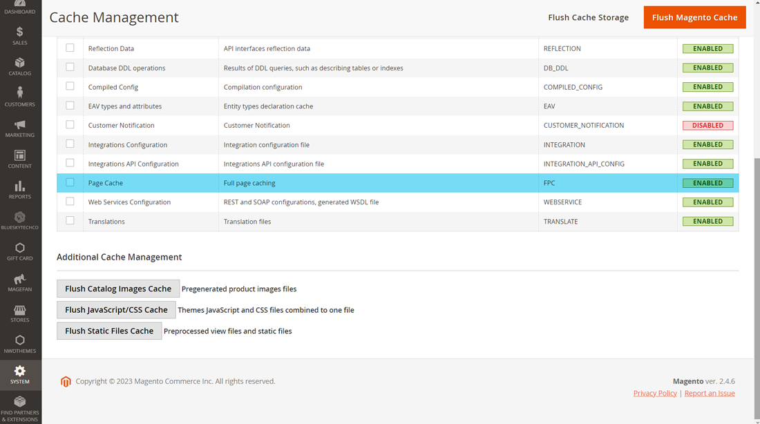 Magento dashboard showcasing cache management setup for SEO optimization